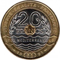 France coin 20 Francs - Mediterranean Games (1993) reverse reverse of 20 Francs - Mediterranean Games (1993) coin with KM# 1016 from France. Inscription: LIBERTE · EGALITE · FRATERNITE 20 FRANCS JEUX MEDITERRANEENS 19 93