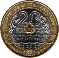 reverse of 20 Francs - Mediterranean Games (1993) coin with KM# 1016 from France. Inscription: LIBERTE · EGALITE · FRATERNITE 20 FRANCS JEUX MEDITERRANEENS 19 93