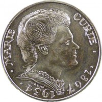 obverse of 100 Francs - Marie Curie (1984) coin with KM# 955 from France. Inscription: · MARIE CURIE · · 1867 - 1934 · CORBIN