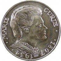 France coin 100 Francs - Marie Curie (1984) obverse obverse of 100 Francs - Marie Curie (1984) coin with KM# 955 from France. Inscription: · MARIE CURIE · · 1867 - 1934 · CORBIN