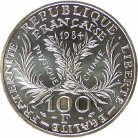 France coin 100 Francs - Marie Curie (1984) reverse reverse of 100 Francs - Marie Curie (1984) coin with KM# 955 from France. Inscription: · REPUBLIQUE · LIBERTE-EGALITE-FRATERNITE FRANÇAISE 1984 PHYSIQUE CHIMIE 100 F