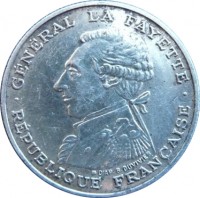France coin 100 Francs - La Fayette (1987) obverse obverse of 100 Francs - La Fayette (1987) coin with KM# 962 from France. Inscription: GÉNÉRAL LA FAYETTE D'AP B. DUVIVIER · RÉPUBLIQUE FRANÇAISE ·