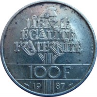 reverse of 100 Francs - La Fayette (1987) coin with KM# 962 from France. Inscription: LIBERTÉ ÉGALITÉ FRATERNITÉ 100F 19 87 DURAND-MEGRET
