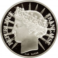 obverse of 100 Francs - Fraternity (1988) coin with KM# 966 from France. Inscription: REPUBLIQUE FRANÇAISE D'AP. BARRE