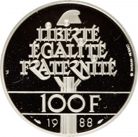 reverse of 100 Francs - Fraternity (1988) coin with KM# 966 from France. Inscription: LIBERTÉ ÉGALITÉ FRATERNITÉ 100F 1988 DURAND-MEGRET