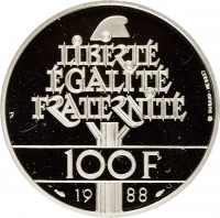 France coin 100 Francs - Fraternity (1988) reverse reverse of 100 Francs - Fraternity (1988) coin with KM# 966 from France. Inscription: LIBERTÉ ÉGALITÉ FRATERNITÉ 100F 1988 DURAND-MEGRET