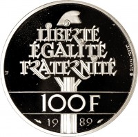 reverse of 100 Francs - Human Rights (1989) coin with KM# 970 from France. Inscription: LIBERTÉ ÉGALITÉ FRATERNITÉ 100F 1989 DURAND-MEGRET