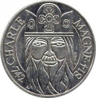 obverse of 100 Francs - Charlemagne (1990) coin with KM# 982 from France. Inscription: CHARLE MAGNE C. TIETZ · 742 814 ·