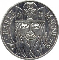 France coin 100 Francs - Charlemagne (1990) obverse obverse of 100 Francs - Charlemagne (1990) coin with KM# 982 from France. Inscription: CHARLE MAGNE C. TIETZ · 742 814 ·