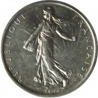obverse of 5 Francs (1959 - 1969) coin with KM# 926 from France. Inscription: REPUBLIQUE FRANÇAISE O. Roty