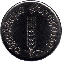 obverse of 5 Centimes (1959 - 1964) coin with KM# 927 from France. Inscription: république française