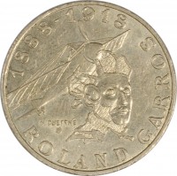France coin 10 Francs - Roland Garros (1988) obverse obverse of 10 Francs - Roland Garros (1988) coin with KM# 965 from France. Inscription: 1888-1918 H. DUETTHE ROLAND GARROS