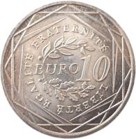 France coin 10 Euro - La Semeuse (2009) reverse reverse of 10 Euro - La Semeuse (2009) coin with KM# 1580 from France. Inscription: EURO 10 LIBERTE EGALITE FRATERNITE