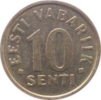 reverse of 10 Senti (1991 - 2008) coin with KM# 22 from Estonia. Inscription: · EESTI VABARIIK · 10 SENTI