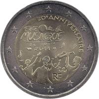 obverse of 2 Euro - Music Day (2011) coin with KM# 1789 from France. Inscription: 30e ANNIVERSAIRE Fête de la MUSIQUE 21 JUIN 2011 RF