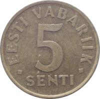 reverse of 5 Senti (1991 - 1995) coin with KM# 21 from Estonia. Inscription: EESTI VABARIIK 5 SENTI