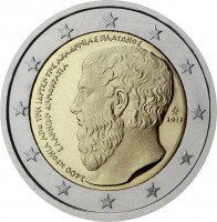 obverse of 2 Euro - 2400 years from the foundation of Plato's Academy (2013) coin with KM# 252 from Greece. Inscription: 2.400 ΧΡΟΝΙΑ ΑΠΟ ΤΗΝ ΙΔΡΥΣΗ ΤΗΣ ΑΚΑΔΗΜΙΑΣ ΠΛΑΤΩΝΟΣ ΕΛΛΗΝΙΚΗ ΔΗΜΟΚΡΑΤΙΑ 2013