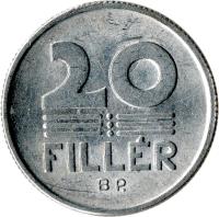 reverse of 20 Fillér (1990 - 1996) coin with KM# 676 from Hungary. Inscription: 20 FILLÉR BP.