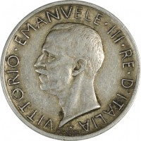 obverse of 5 Lire - Vittorio Emanuele III (1926 - 1935) coin with KM# 67 from Italy. Inscription: VITTORIO · EMANVELE · III · RE · D'ITALIA · G. ROMAGNOLI A. MOTTI INC.
