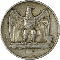 reverse of 5 Lire - Vittorio Emanuele III (1926 - 1935) coin with KM# 67 from Italy. Inscription: R 1927 L.5