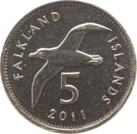 Falkland Islands coin 5 Pence - Elizabeth II - 4'th Portrait (2004 - 2011) reverse reverse of 5 Pence - Elizabeth II - 4'th Portrait (2004 - 2011) coin with KM# 132 from Falkland Islands. Inscription: FALKLAND ISLANDS 5 2011