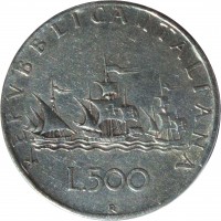 reverse of 500 Lire (1958 - 2001) coin with KM# 98 from Italy. Inscription: REPVBBLICA ITALIANA L. 500 R
