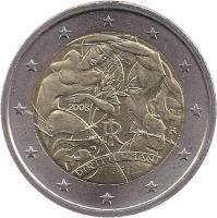 obverse of 2 Euro - Human Rights (2008) coin with KM# 301 from Italy. Inscription: 60 DIRITTI UMANI RI 2008 R MCC