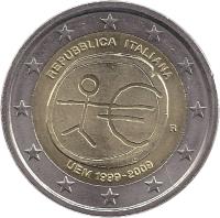 Italy coin 2 Euro - 10 Years of EMU (2009) obverse obverse of 2 Euro - 10 Years of EMU (2009) coin with KM# 312 from Italy. Inscription: REPUBBLICA ITALIANA UEM 1999-2009 R