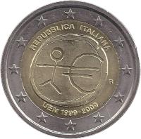 obverse of 2 Euro - 10 Years of EMU (2009) coin with KM# 312 from Italy. Inscription: REPUBBLICA ITALIANA UEM 1999-2009 R