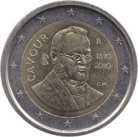 obverse of 2 Euro - Count of Cavour (2010) coin with KM# 328 from Italy. Inscription: CAVOUR RI R 1810 2010 CM