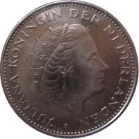 Netherlands coin 2 1/2 Gulden - Juliana (1969 - 1980) obverse obverse of 2 1/2 Gulden - Juliana (1969 - 1980) coin with KM# 191 from Netherlands. Inscription: JULIANA KONINGIN DER NEDERLANDEN