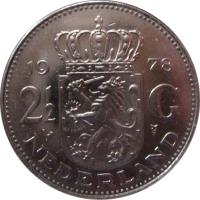 Netherlands coin 2 1/2 Gulden - Juliana (1969 - 1980) reverse reverse of 2 1/2 Gulden - Juliana (1969 - 1980) coin with KM# 191 from Netherlands. Inscription: 19 71 2 1/2 G NEDERLAND