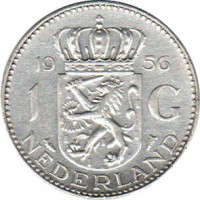 reverse of 1 Gulden - Juliana (1954 - 1967) coin with KM# 184 from Netherlands. Inscription: 19 56 1 G NEDERLAND