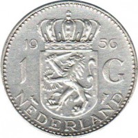 Netherlands coin 1 Gulden - Juliana (1954 - 1967) reverse reverse of 1 Gulden - Juliana (1954 - 1967) coin with KM# 184 from Netherlands. Inscription: 19 56 1 G NEDERLAND