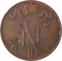 obverse of 5 Penniä - Nicholas II (1896 - 1917) coin with KM# 15 from Finland. Inscription: N II