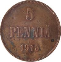 Finland coin 5 Penniä - Nicholas II (1896 - 1917) reverse reverse of 5 Penniä - Nicholas II (1896 - 1917) coin with KM# 15 from Finland. Inscription: 5 PENNIÄ 1915