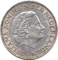 obverse of 2 1/2 Gulden - Juliana (1959 - 1966) coin with KM# 185 from Netherlands. Inscription: KONINGIN JULIANA DER NEDERLANDEN