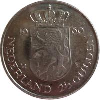 reverse of 2 1/2 Gulden - Beatrix - Investiture of New Queen (1980) coin with KM# 201 from Netherlands. Inscription: 19 80 NEDERLAND 2 1/2 GULDEN