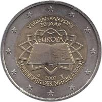 obverse of 2 Euro - Beatrix - Treaty of Rome (2007) coin with KM# 273 from Netherlands. Inscription: VERDRAG VAN ROME 50 JAAR EUROPA 2007 KONINKRIJK DER NEDERLANDEN