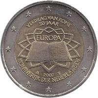 Netherlands coin 2 Euro - Beatrix - Treaty of Rome (2007) obverse obverse of 2 Euro - Beatrix - Treaty of Rome (2007) coin with KM# 273 from Netherlands. Inscription: VERDRAG VAN ROME 50 JAAR EUROPA 2007 KONINKRIJK DER NEDERLANDEN