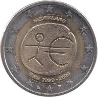obverse of 2 Euro - Beatrix - 10 Years of EMU (2009) coin with KM# 281 from Netherlands. Inscription: NEDERLAND EMU 1999-2009