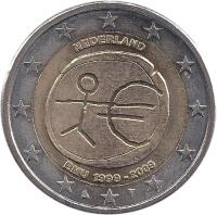 Netherlands coin 2 Euro - Beatrix - 10 Years of EMU (2009) obverse obverse of 2 Euro - Beatrix - 10 Years of EMU (2009) coin with KM# 281 from Netherlands. Inscription: NEDERLAND EMU 1999-2009