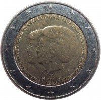 obverse of 2 Euro - Willem-Alexander - Investure of King Willem-Alexander (2013) coin with KM# 332 from Netherlands. Inscription: WILLEM-ALEXANDER PRINS VAN ORANJE * BEATRIX KONINGIN DER NEDERLANDEN 28 JANUARI 2013