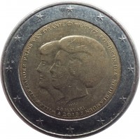 Netherlands coin 2 Euro - Willem-Alexander - Investure of King Willem-Alexander (2013) obverse obverse of 2 Euro - Willem-Alexander - Investure of King Willem-Alexander (2013) coin with KM# 332 from Netherlands. Inscription: WILLEM-ALEXANDER PRINS VAN ORANJE * BEATRIX KONINGIN DER NEDERLANDEN 28 JANUARI 2013