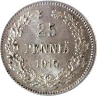 reverse of 25 Penniä - Alexander II / Nicholas II - With crown (1865 - 1917) coin with KM# 6 from Finland. Inscription: 25 PENNIÄ 1915