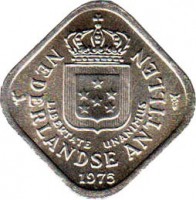 obverse of 5 Cents - Juliana (1971 - 1985) coin with KM# 13 from Netherlands Antilles. Inscription: NEDERLANDSE ANTILLEN LIBERTATE UNANIMUS 1975