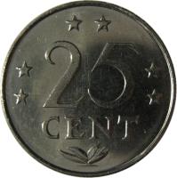 reverse of 25 Cents - Juliana (1970 - 1985) coin with KM# 11 from Netherlands Antilles. Inscription: 25 CENT