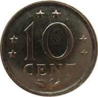 reverse of 10 Cents - Juliana (1970 - 1985) coin with KM# 10 from Netherlands Antilles. Inscription: 10 CENT