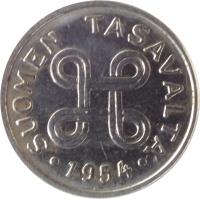 obverse of 1 Markka (1953 - 1962) coin with KM# 36a from Finland. Inscription: SUOMEN TASAVALTA 1958