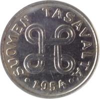 Finland coin 1 Markka (1953 - 1962) obverse obverse of 1 Markka (1953 - 1962) coin with KM# 36a from Finland. Inscription: SUOMEN TASAVALTA 1958